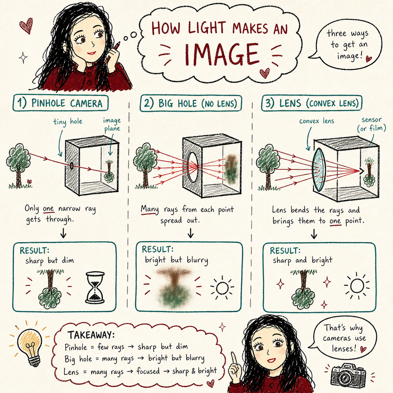 Visual story comparing pinhole, big hole, and convex lens